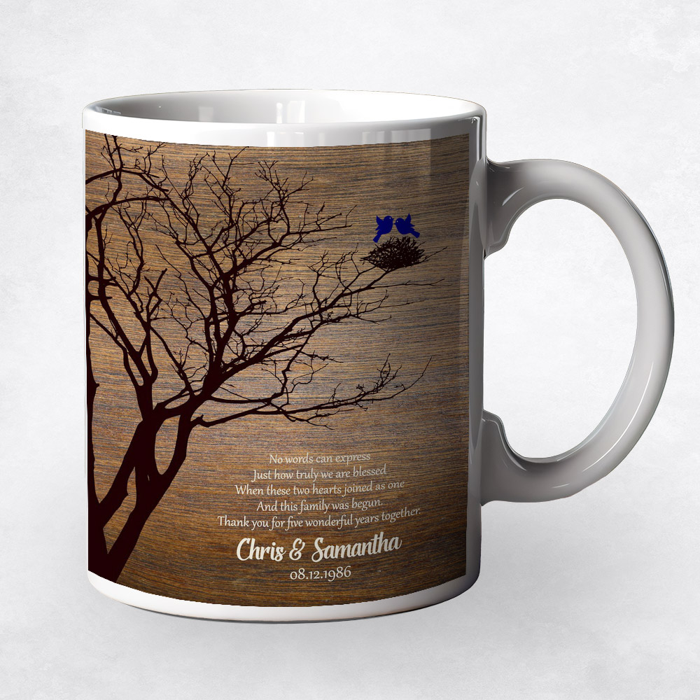 Closeup image of Dark Branchy Tree and Nest Wood 5th anniversary Coffee Mug M-1368