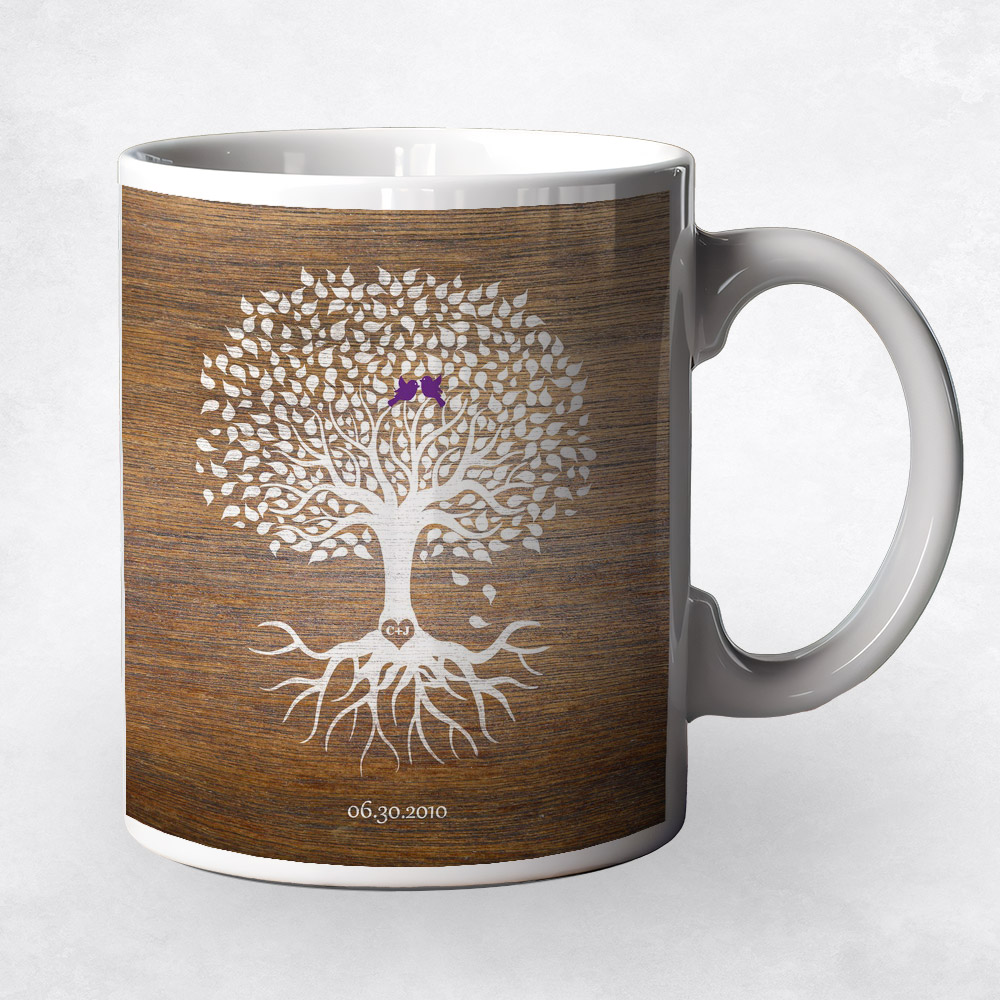 Closeup image of Minimalist Commemoration Tree with Roots Wood 5th anniversary Coffee Mug M-1370