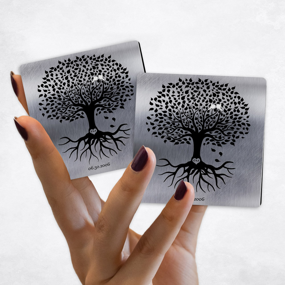 Close up picture of 10th anniversary Black Tree with Roots on Tin Magnet Set MAG-1372