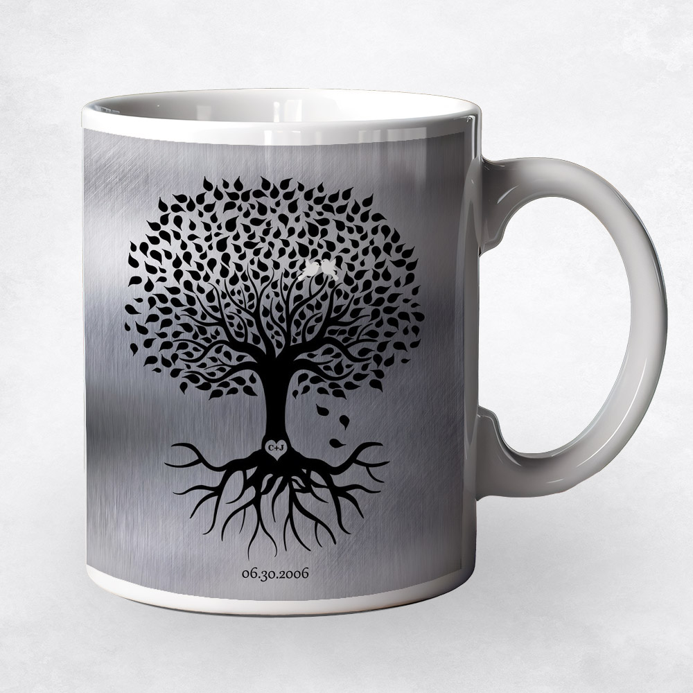 Closeup image of Black Tree with Roots Tin 10th anniversary Coffee Mug M-1372