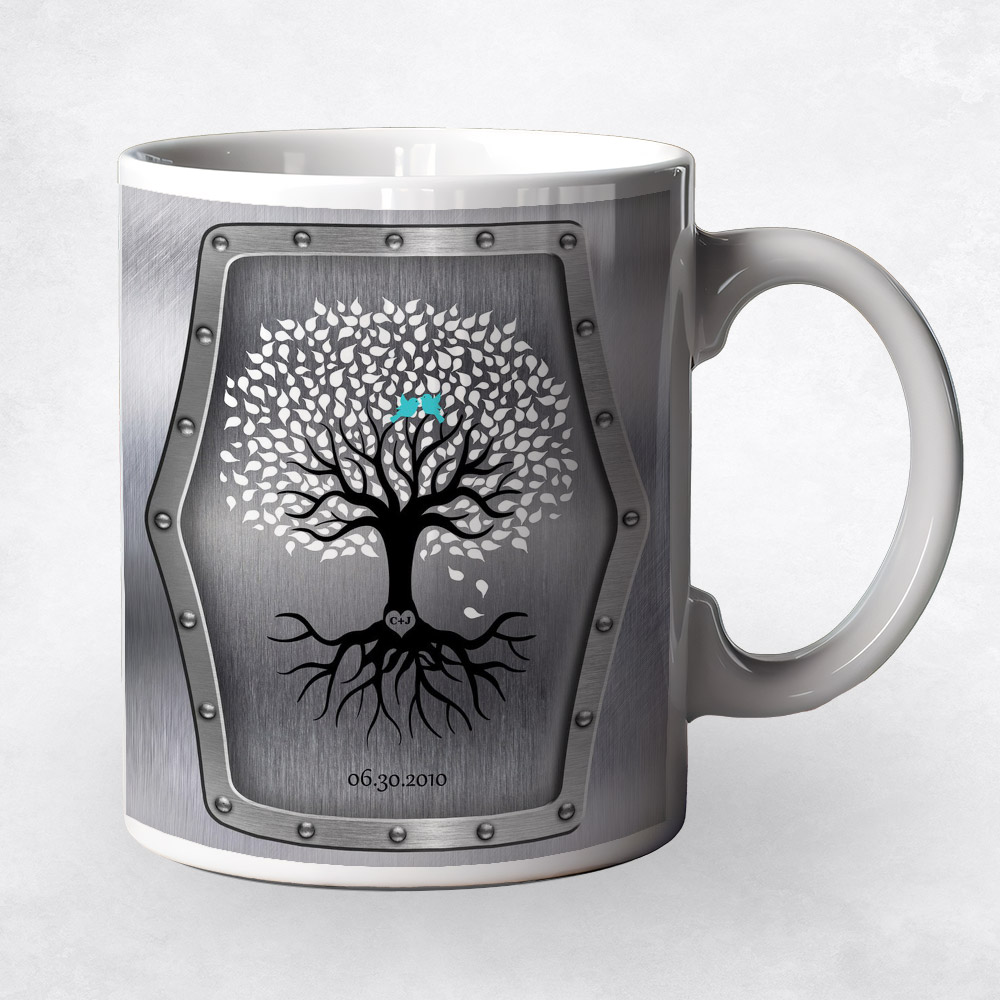 Closeup image of White and Black Tree with Roots Steel 11th anniversary Coffee Mug M-1374