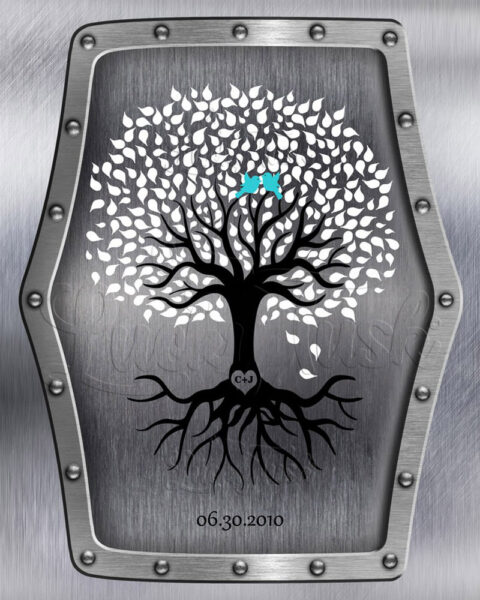 11th Anniversary Personalized Wedding Tree Faux Steel Background Turquoise Gift For Couple #1374