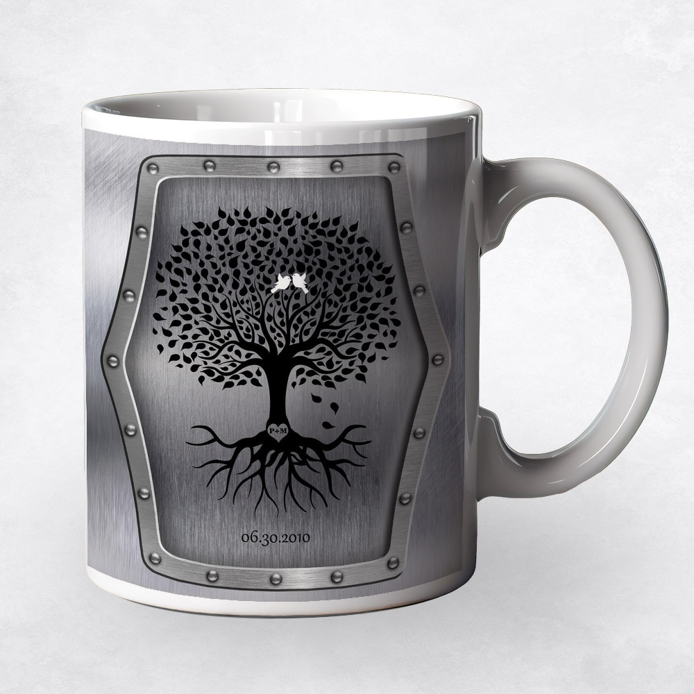 Closeup image of Black Tree with Roots Steel 11th anniversary Coffee Mug M-1375