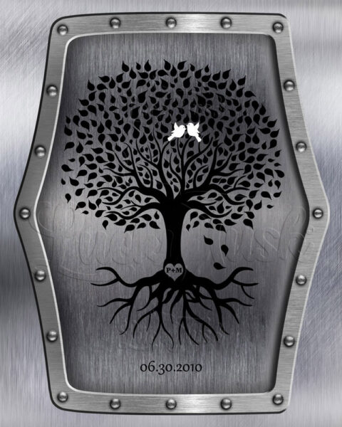11 Year Anniversary Personalized Family Wedding Tree Faux Steel White Dove Gift For Couple #1375
