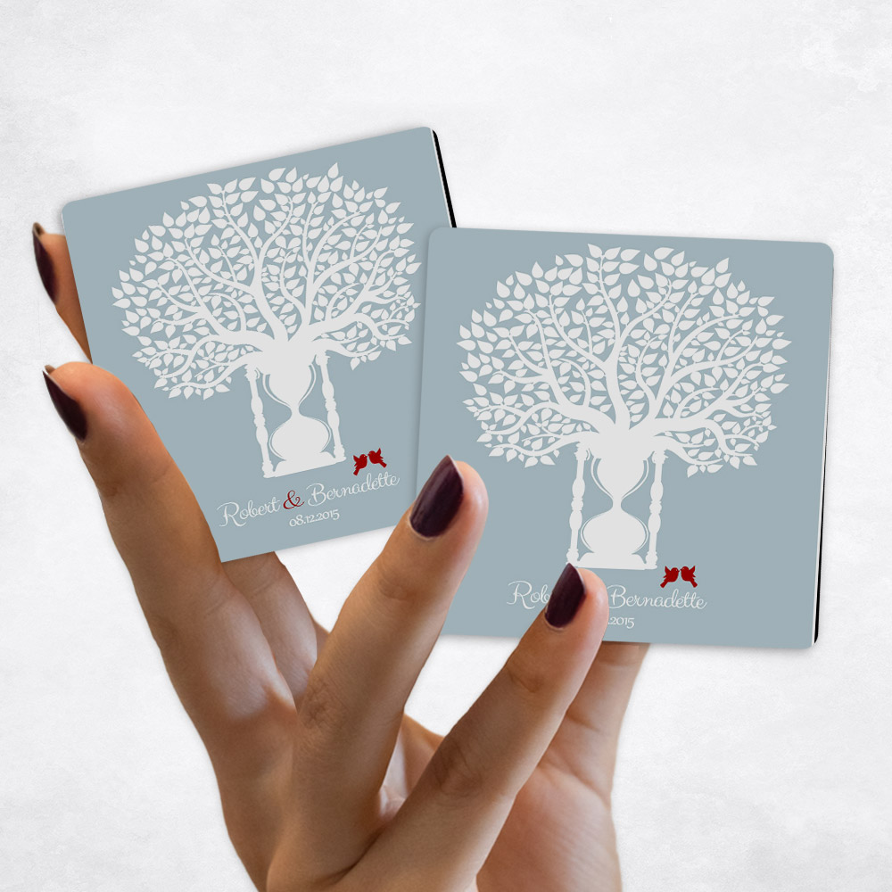 Close up picture of 1st anniversary White Hourglass Tree on Blue Magnet Set MAG-1389