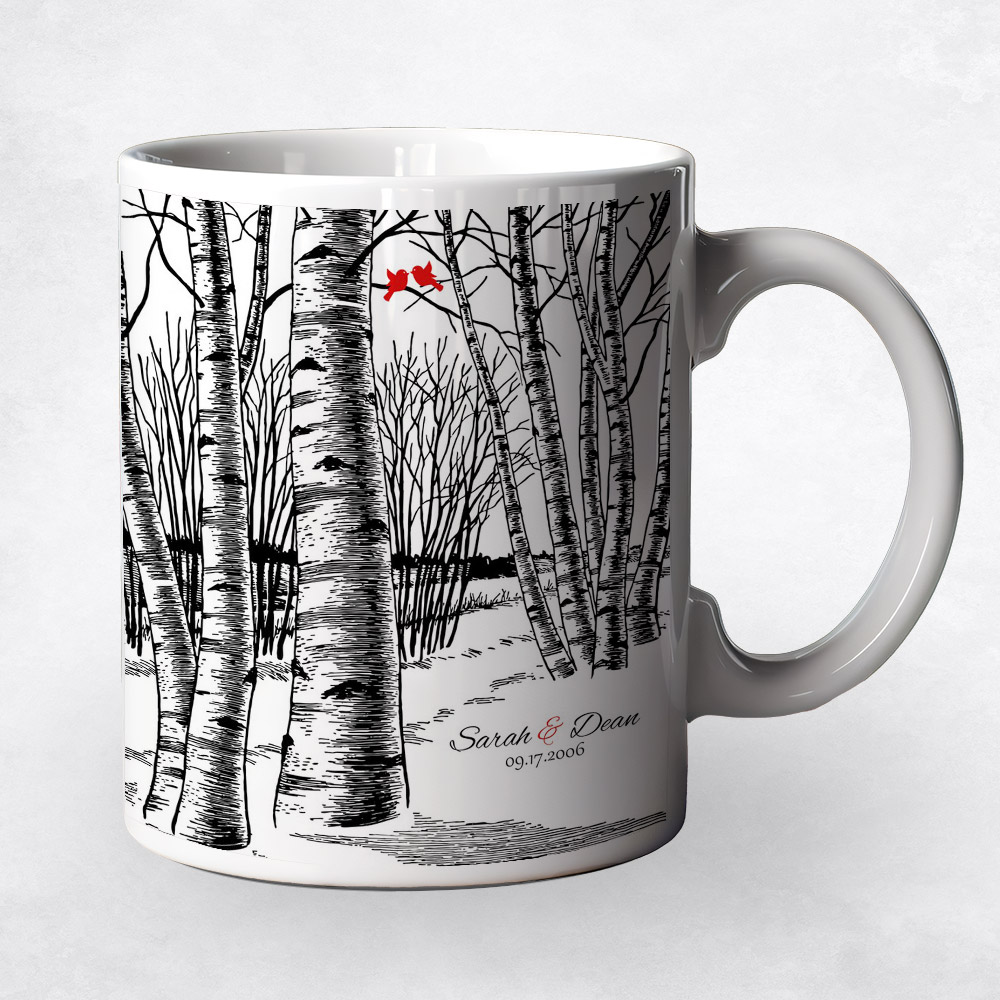 Closeup image of Birch Tree Winter Forest  10th anniversary Coffee Mug M-1399