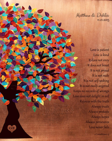 7 Year Anniversary Love Is Patient Corinthians Colorful Spring Tree Faux Copper Background #1403