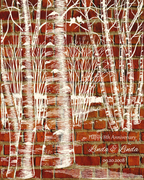 Birch Tree Forest on Faux Brick Background 8 Year Clay Pottery Traditional #1404