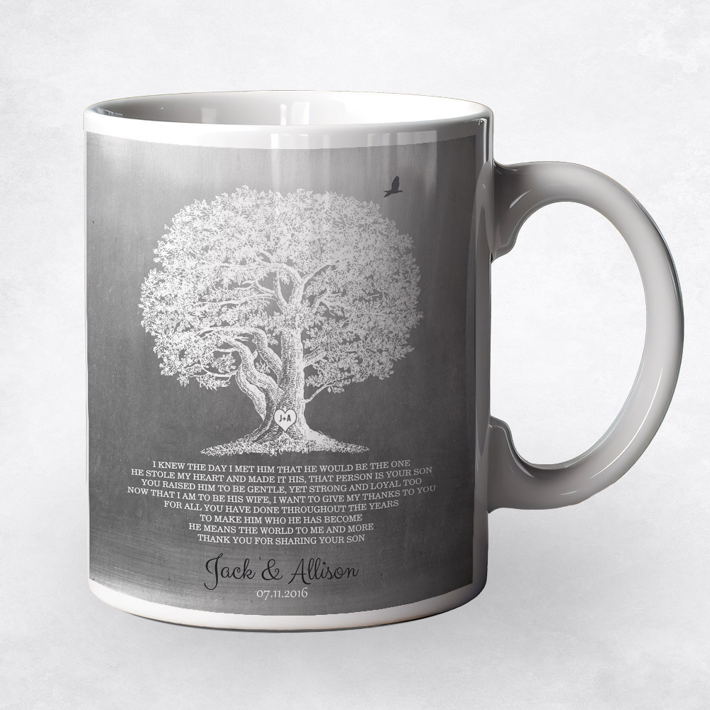 Closeup image of Large White Oak Tree Tin wedding Coffee Mug M-1406