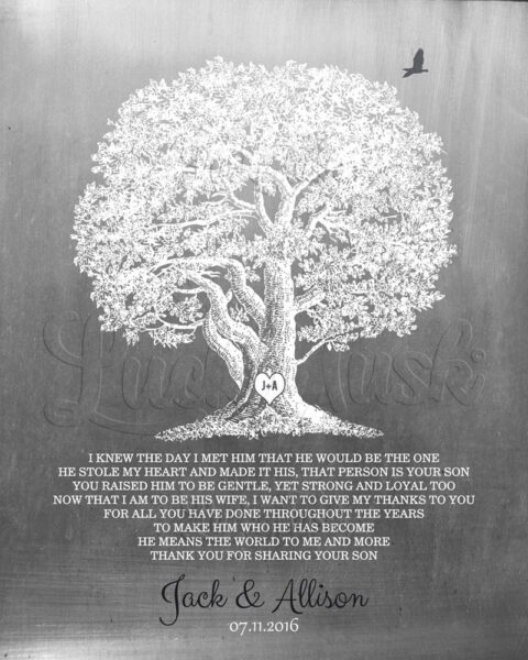 Large Oak Tree Faux Aged Tin Background I Knew The Day I Met Him Thank You Gift For Parents of Groom #1406