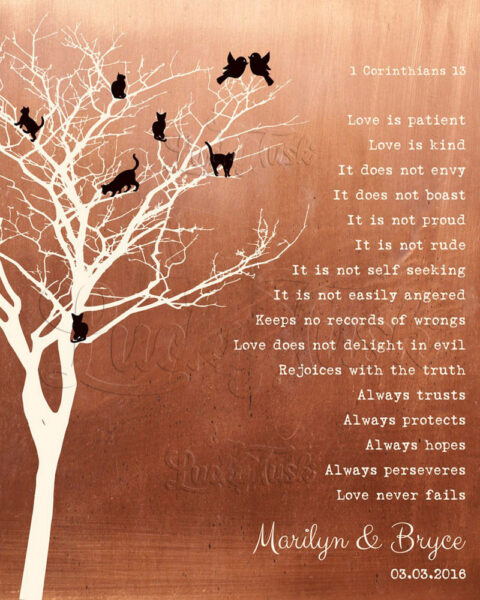 Tree of Cats Personalized Corinthians Love Is Patient Bare on Branches Faux Copper Background #1417