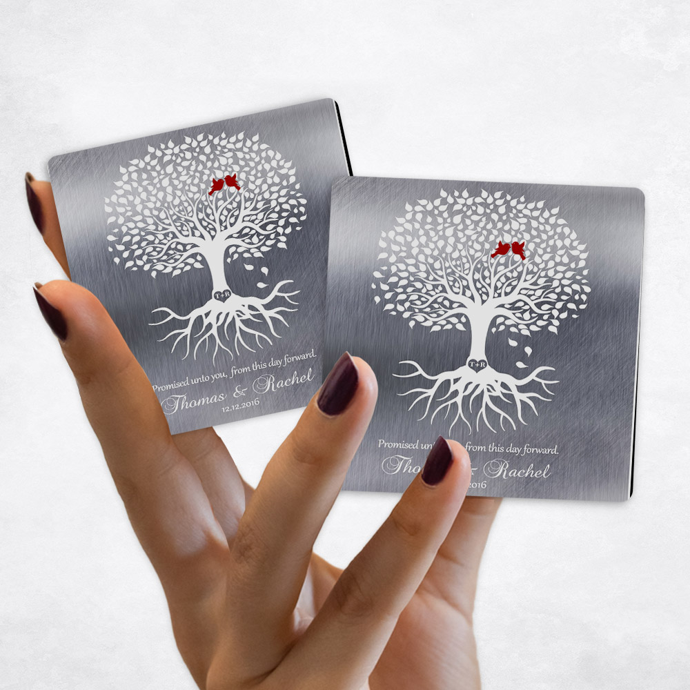 Close up picture of engagement White Tree with Roots on Tin Magnet Set MAG-1421