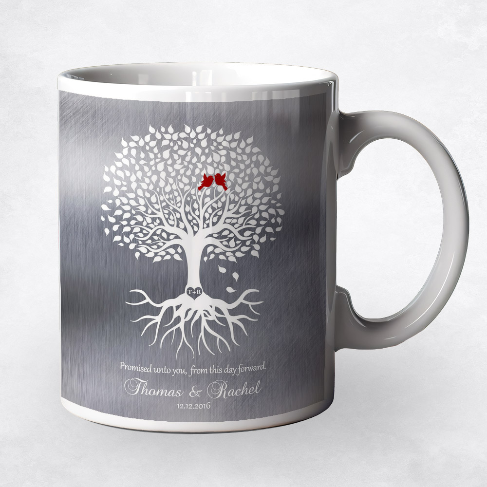 Closeup image of White Tree with Roots Tin engagement Coffee Mug M-1421