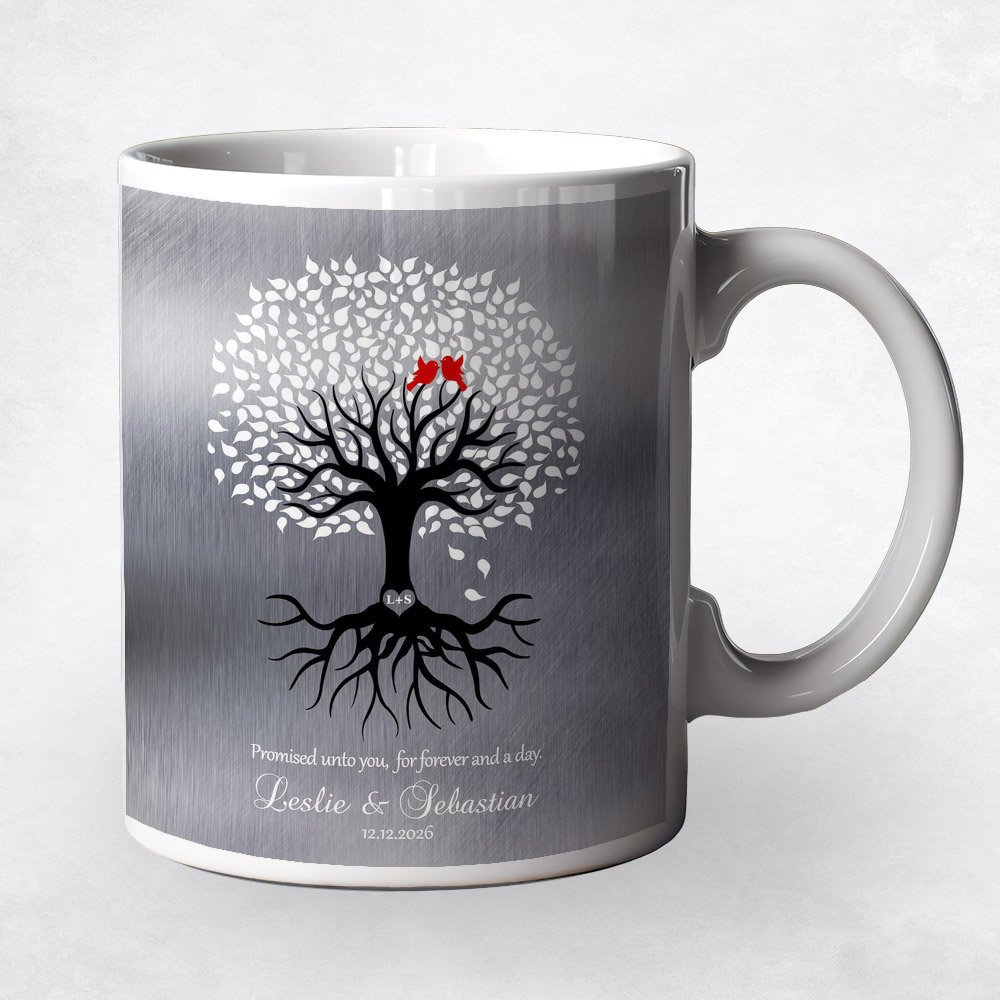 Closeup image of White and Black Tree with Roots Tin engagement Coffee Mug M-1422