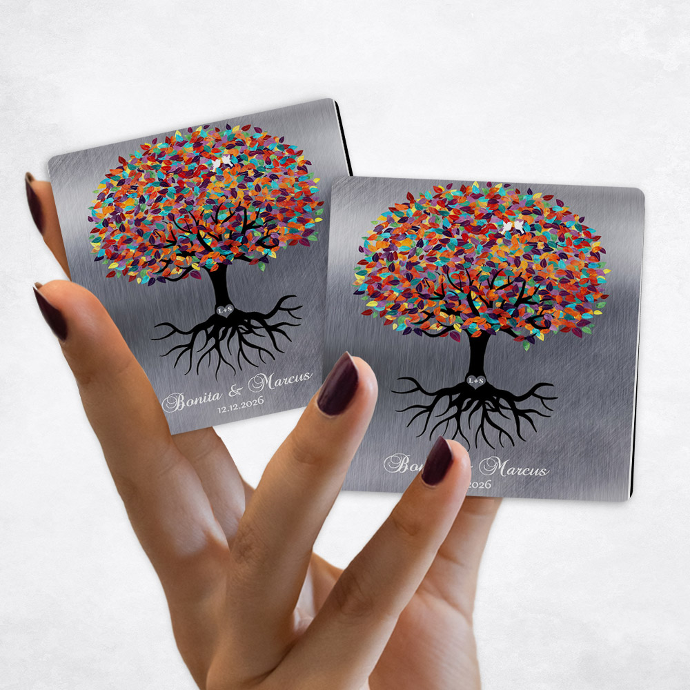 Close up picture of engagement Colorful Tree with Roots on Tin Magnet Set MAG-1423