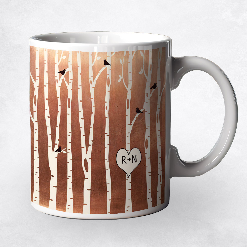 Closeup image of Birch Trees Forest with Heart Copper 7th anniversary Coffee Mug M-1428