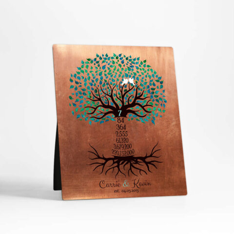 Turquoise Countdown Tree 7 Year 7th anniversary Copper Desktop Plaque Gift for couple D-1436