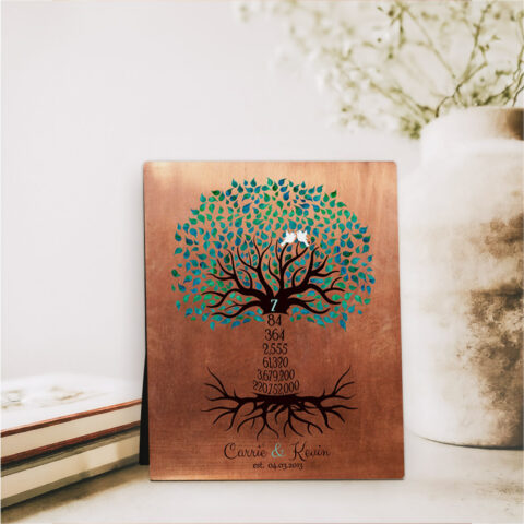 Turquoise Countdown Tree 7 Year 7th anniversary Copper Desktop Plaque Gift for couple D-1436