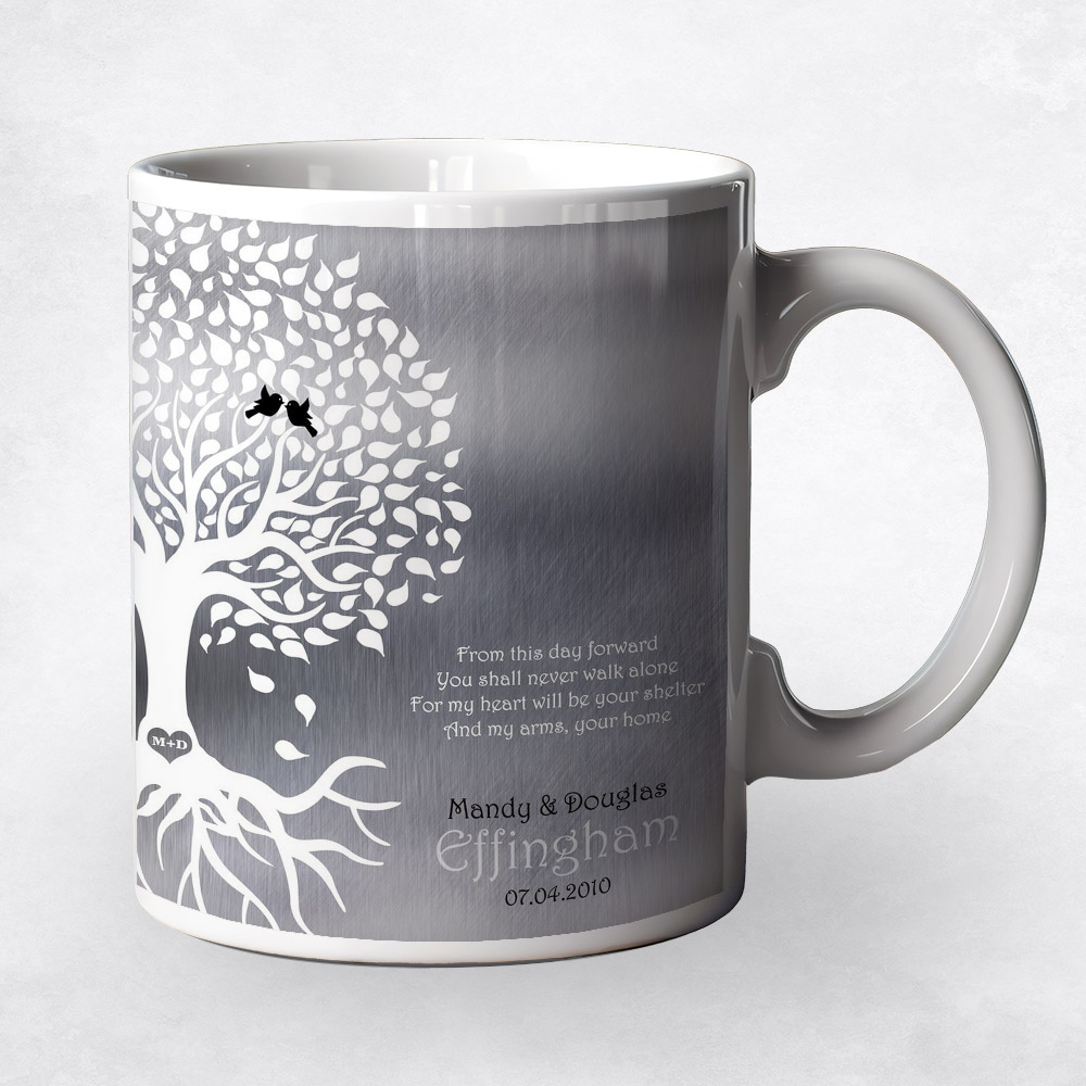 Closeup image of White Tree with Roots Tin engagement Coffee Mug M-1439