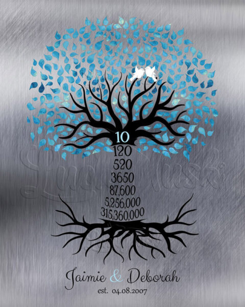 10th Year Ten Anniversary For Couple Personalized Family Countdown Tree Roots Silver Blue #1440