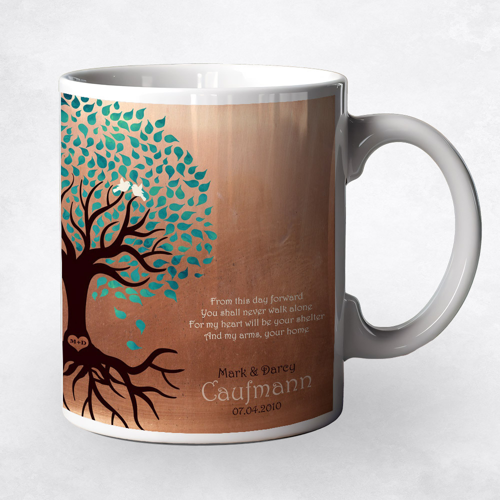 Closeup image of Turquoise Tree Copper engagement Coffee Mug M-1455