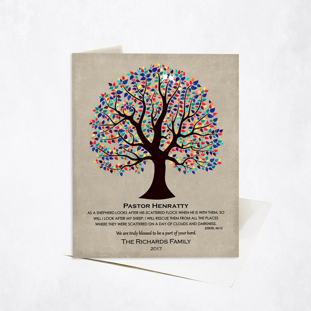 Picture of Colorful Pastor Gratitude Tree Scripture Ezekiel 34:12 clergy appreciation Stationery Card C-1464