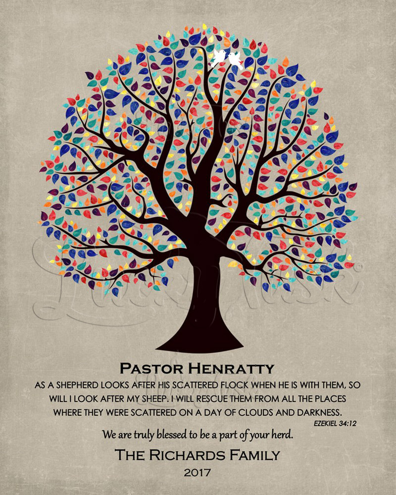 Colorful Pastor Gratitude Tree Scripture Ezekiel 34:12 on Stone Pastor Appreciation Wall Plaque LTC-1464