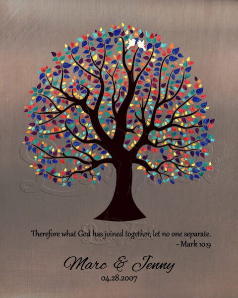 9 Year Anniversary Bible Verses Let No One Separate Mark 10:9 Faux Bronze Colorful Tree #1465