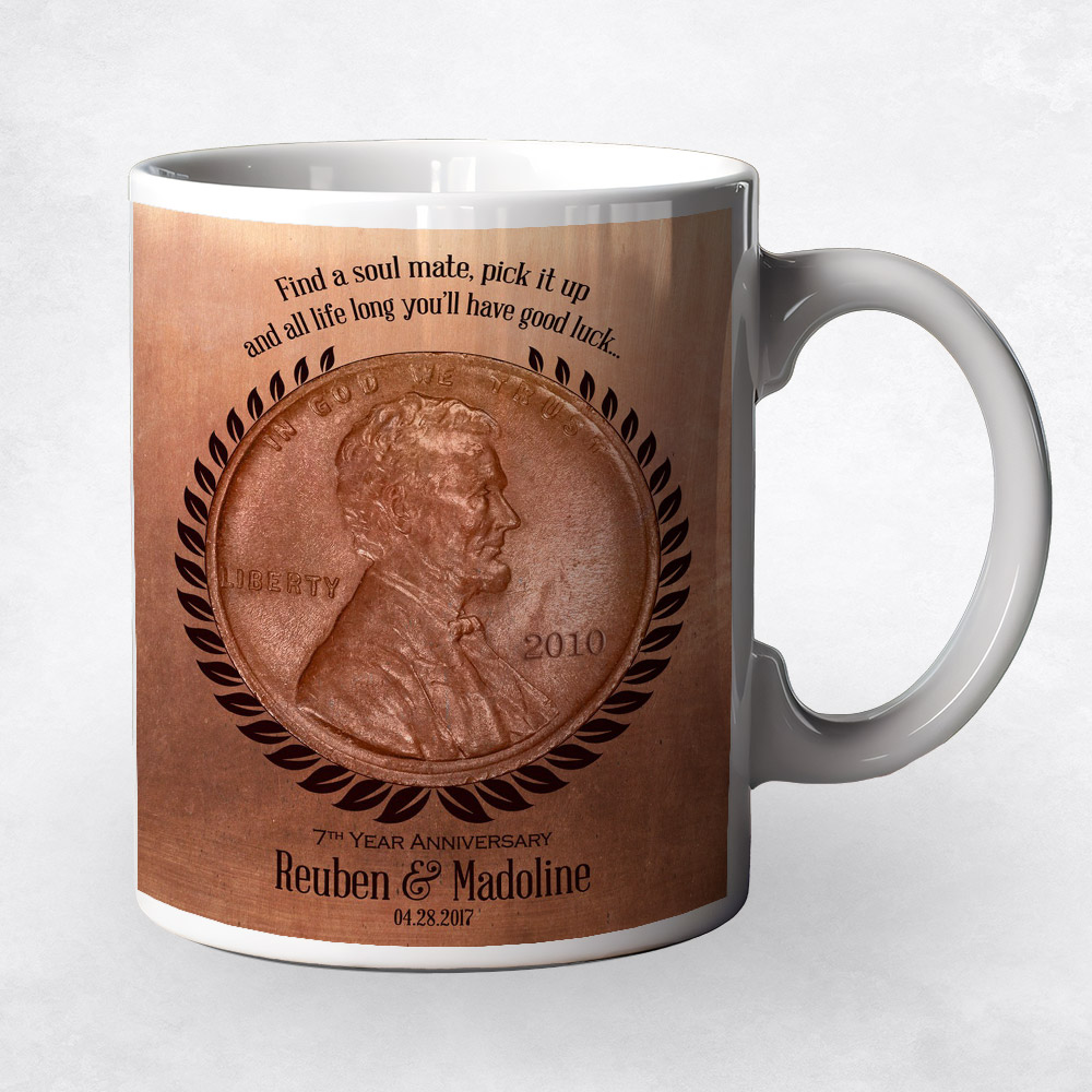 Closeup image of Lucky Penny Coin Copper 7th anniversary Coffee Mug M-1467