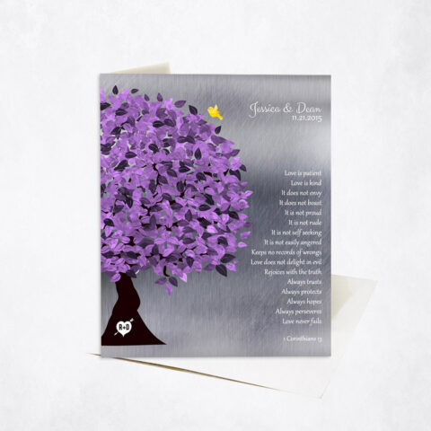 Purple Canopy Tree Corinthians Love is Patient 10th anniversary Stationery Card-1474