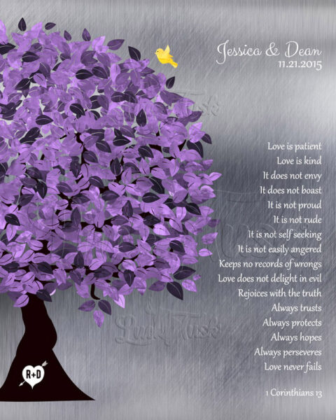 10 Year Anniversary Tree Background Purple Silver Personalized 25th Silver Anniversary Corinthians Love is Patient #1474