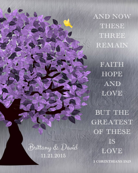 10 Year Anniversary Corinthians 13:13 Background Purple Silver Personalized Shiny Tin 25th Wedding Tree #1475