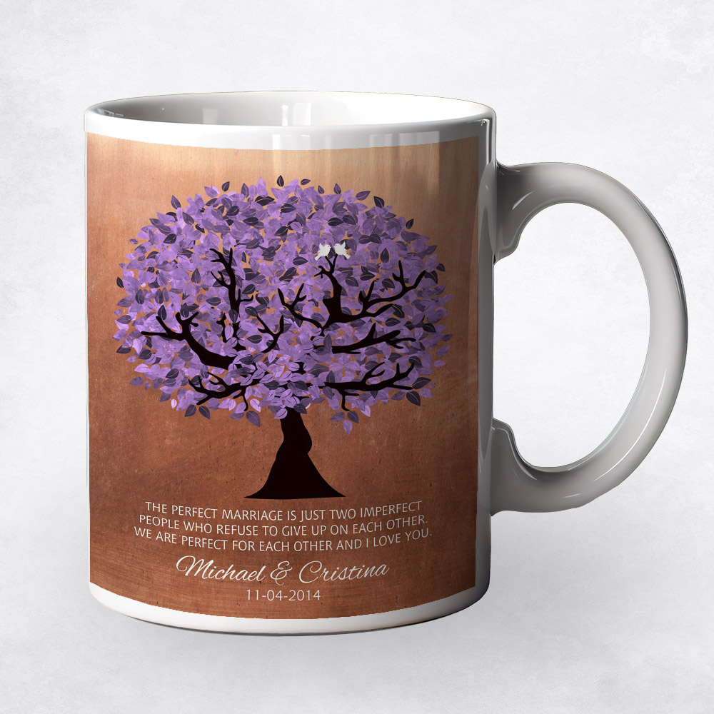 Closeup image of Purple Tree Copper 7th anniversary Coffee Mug M-1479