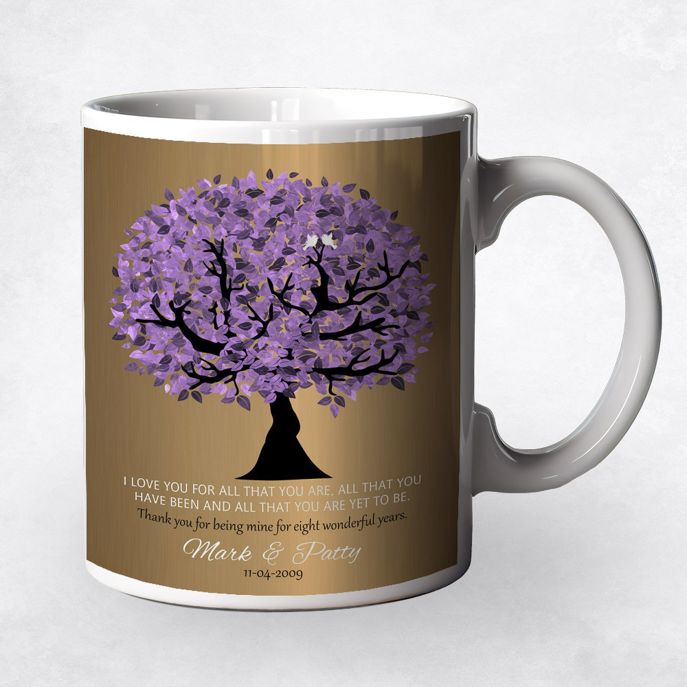 Closeup image of Purple Tree Brass 8th anniversary Coffee Mug M-1481