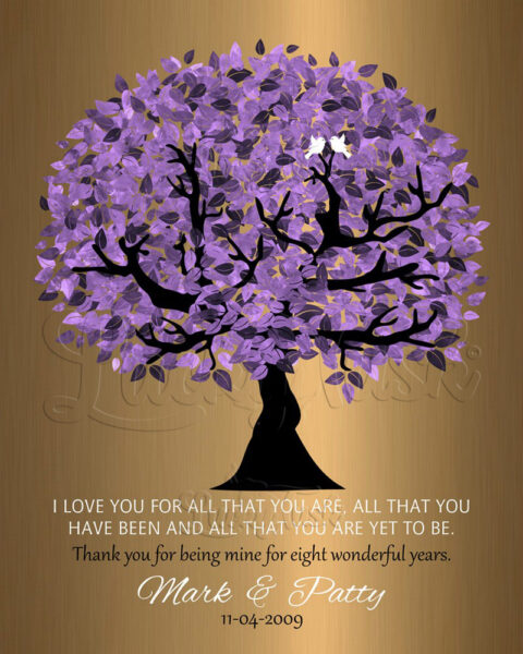 8 Year Anniversary Personalized Wedding Tree Gift Faux Bronze Purple Watercolor Gift For 8th Year #1481