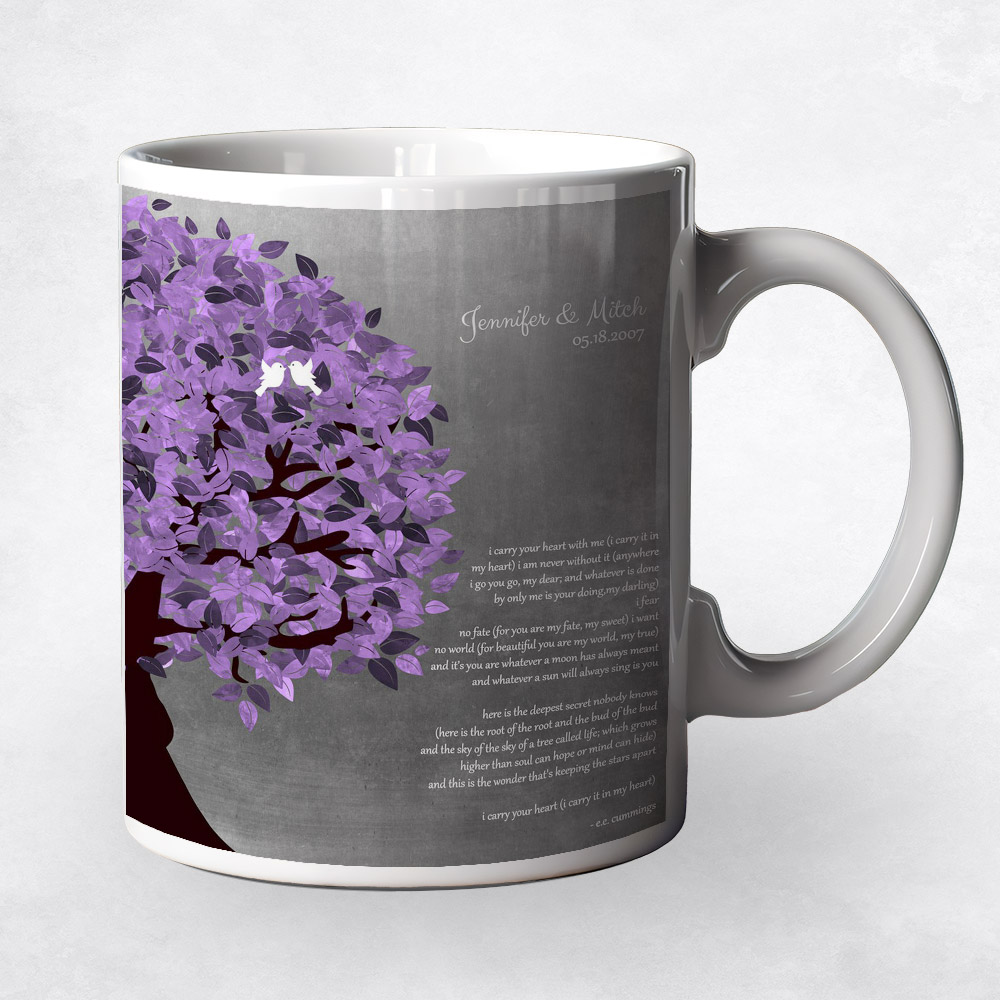 Closeup image of Purple Tree Tin 10th anniversary Coffee Mug M-1483