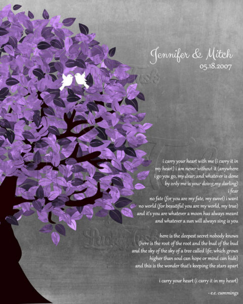Personalized 10 Year Anniversary EE Cummings I Carry Your Heart With Me Poem Purple Tree #1483