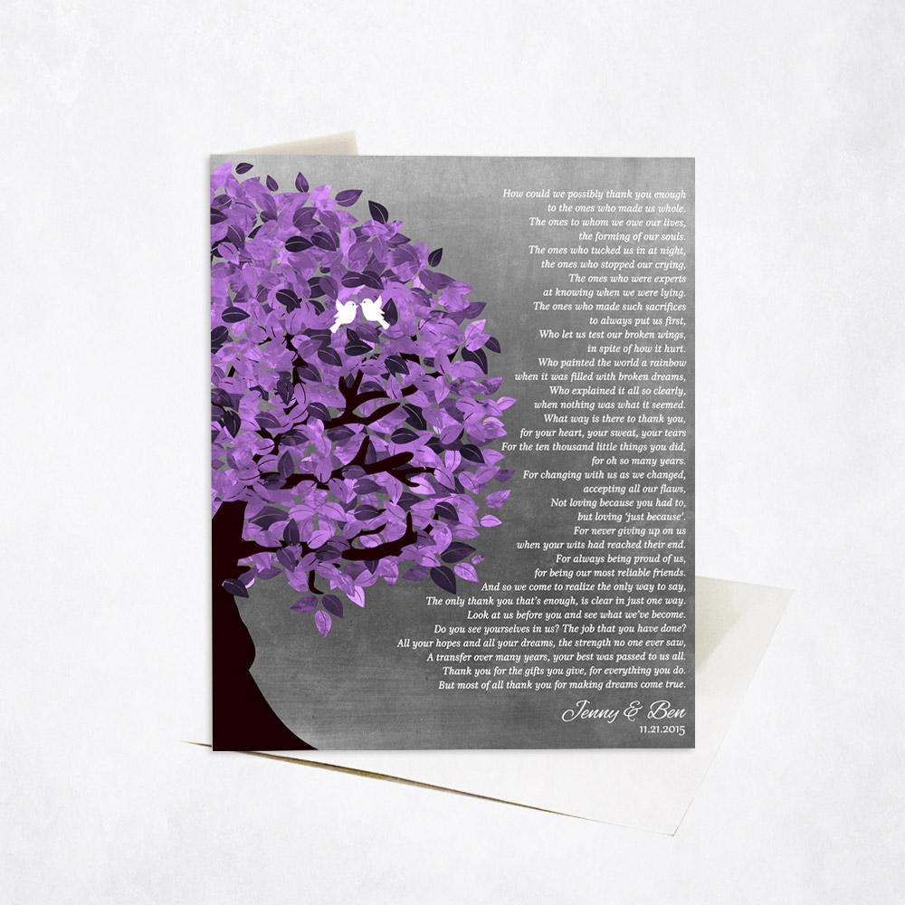 Picture of Parents Thank You Gratitude Purple Tree Poem wedding Stationery Card C-1485