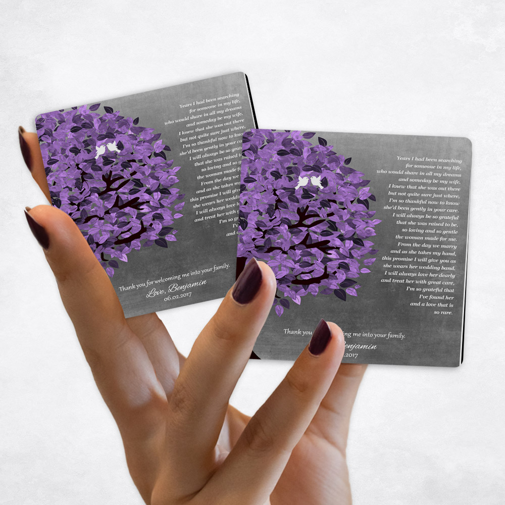 Close up picture of wedding Purple Tree on Tin Magnet Set MAG-1486