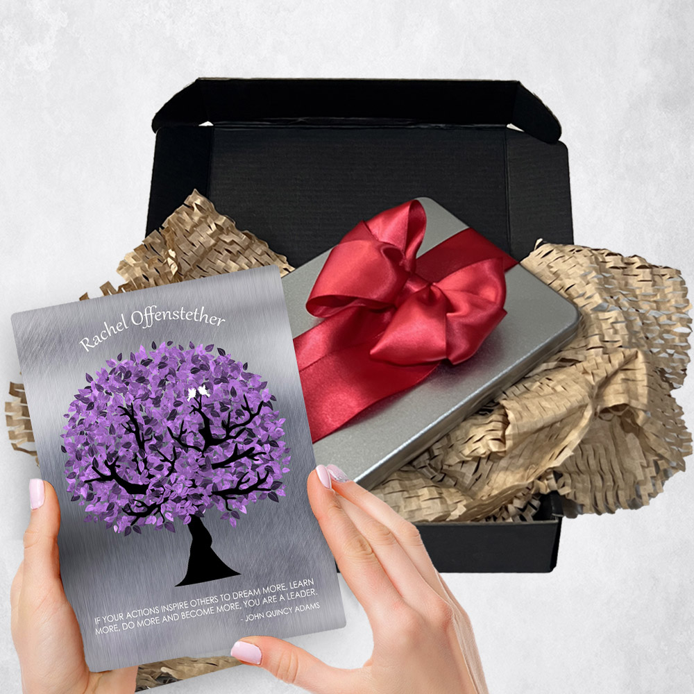 Personalized Leadership Appreciation gift delivery for mentor Purple Tree Tin plaque for a unique and permanent flower delivery alternative. Leadership Appreciation gift delivery.