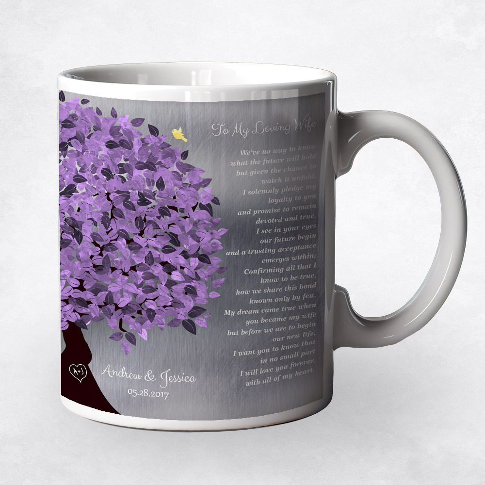 Closeup image of Purple Tree Tin wedding Coffee Mug M-1490