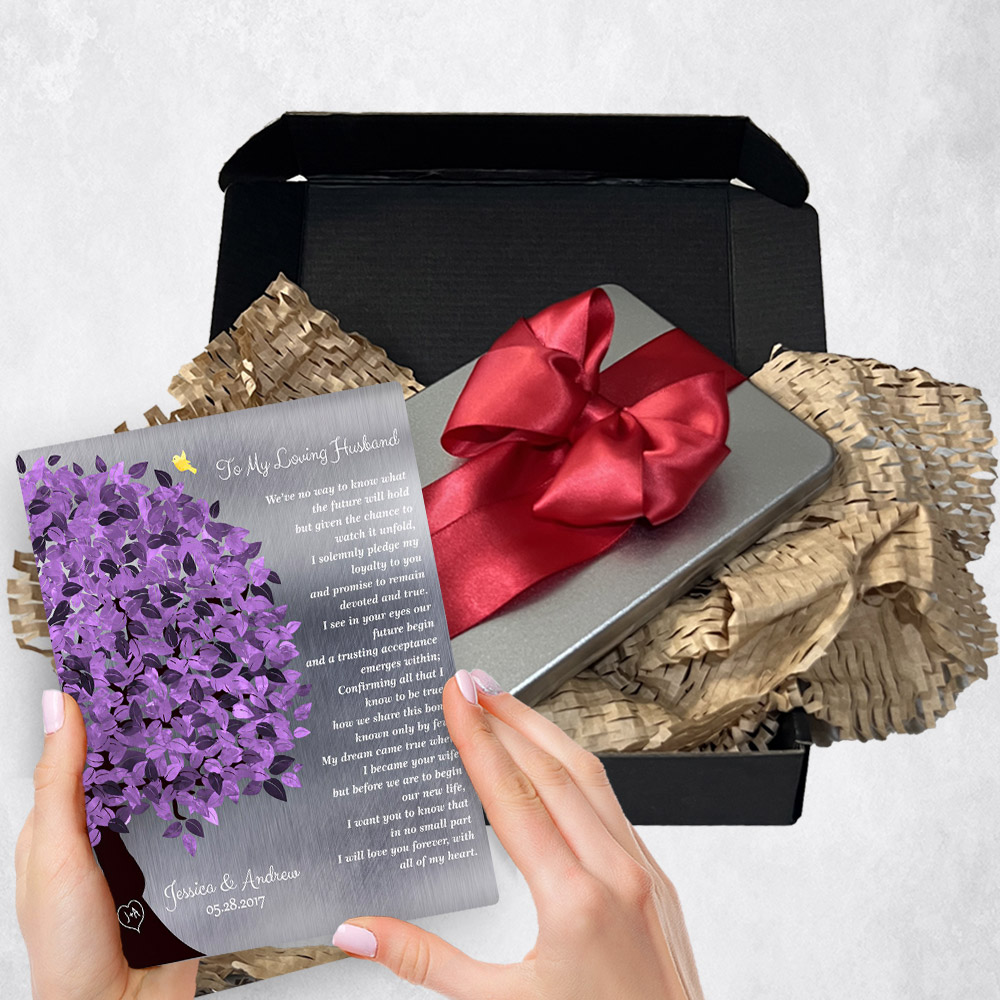 Personalized wedding gift delivery for bride and groom Purple Tree Tin plaque for a unique and permanent flower delivery alternative. wedding gift delivery.