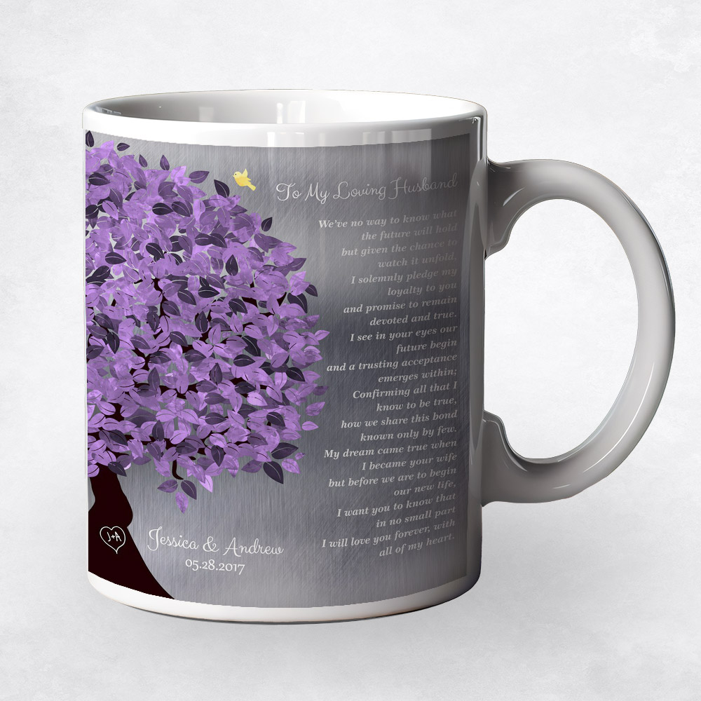 Closeup image of Purple Tree Tin wedding Coffee Mug M-1491