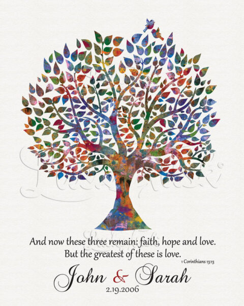 Gift For Couple Anniversary or Wedding | Watercolor Tree Corinthians 13:13 And Now These Three Remain #1493