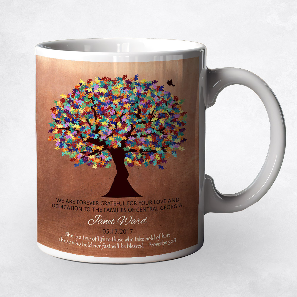 Closeup image of Colorful Puzzle Pieces Autism Tree Copper teacher appreciation Coffee Mug M-1497