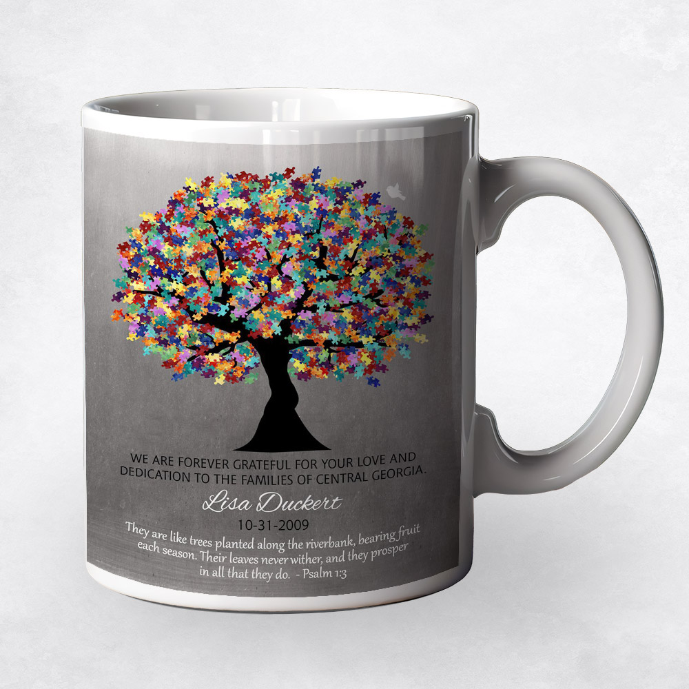 Closeup image of Colorful Puzzle Pieces Autism Tree Tin teacher appreciation Coffee Mug M-1498