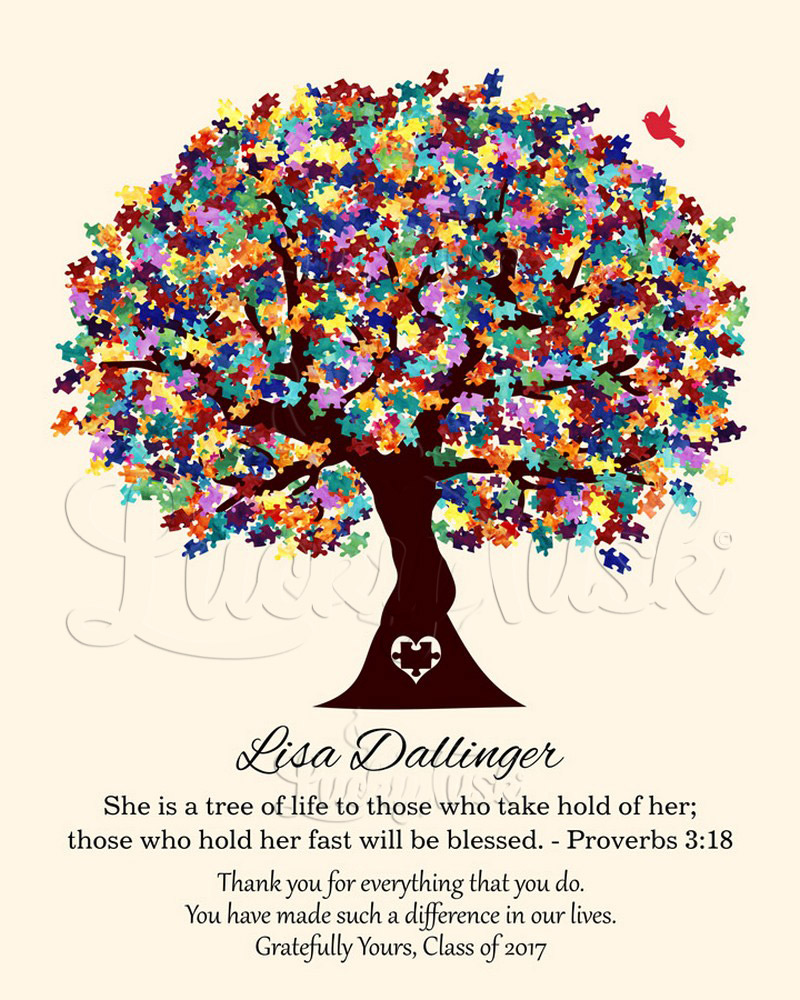 Puzzle Pieces Autism Tree Quote Colorful Leaves on Yellow teacher appreciation Wall Plaque LTC-1499