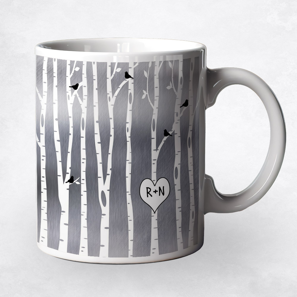 Closeup image of White Birch Tree Forest Tin 10th anniversary Coffee Mug M-1503