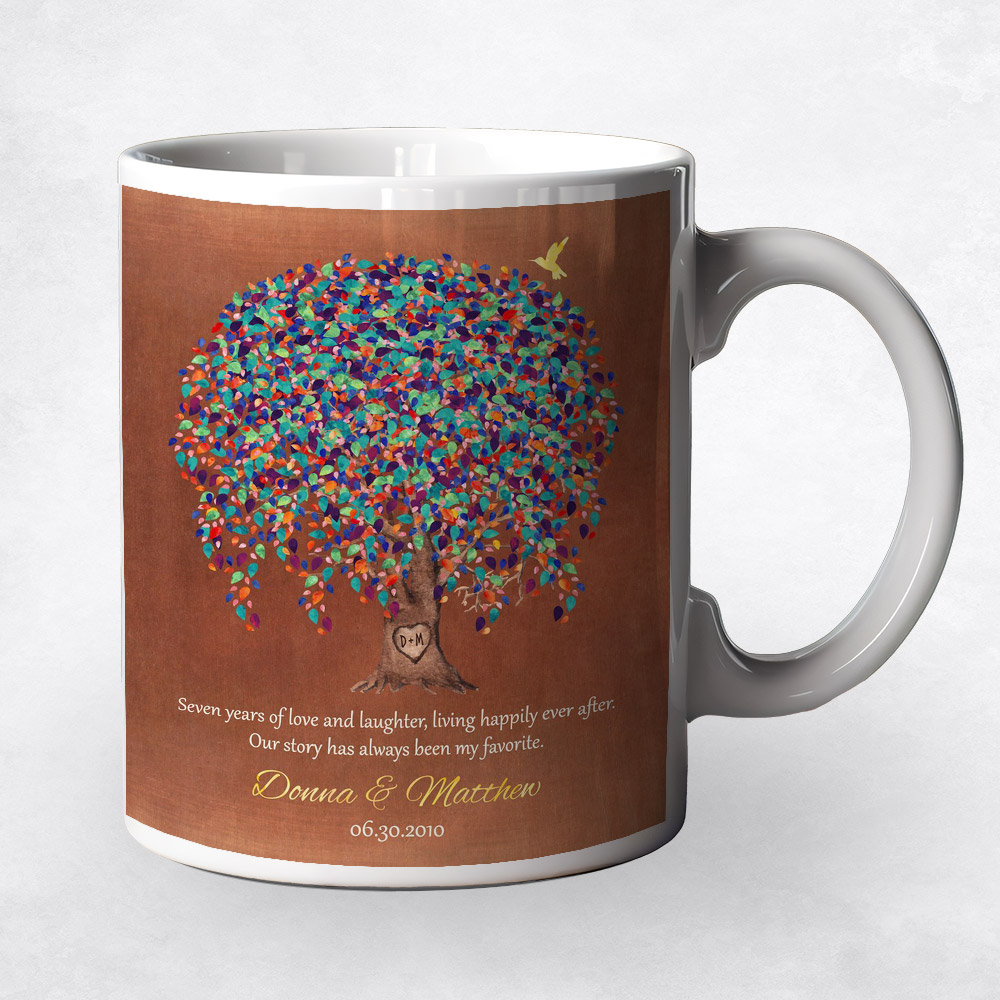 Closeup image of Watercolor Willow Friendship Tree with Heart Copper 7th anniversary Coffee Mug M-1514