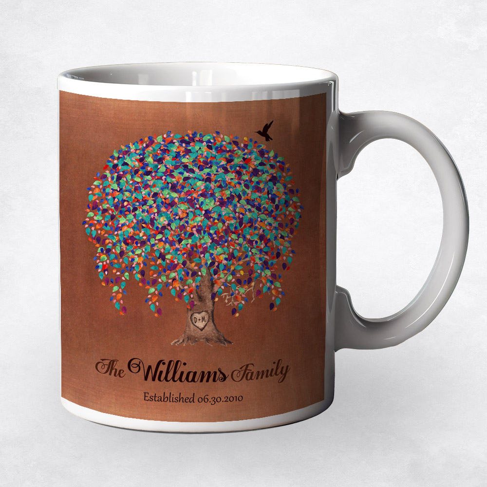 Closeup image of Watercolor Willow Friendship Tree with Heart Copper 7th anniversary Coffee Mug M-1515